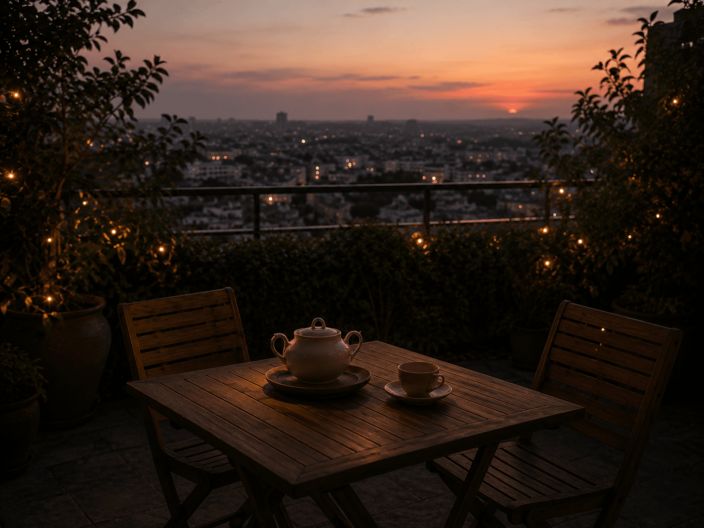 Gedeckter Tisch auf der Terrasse bei Sonnenuntergang