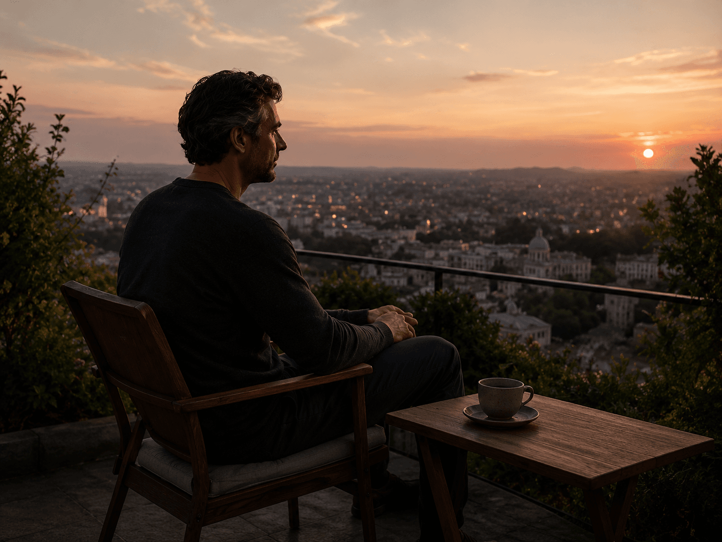Mann genießt den Sonnenuntergang auf der Terrasse