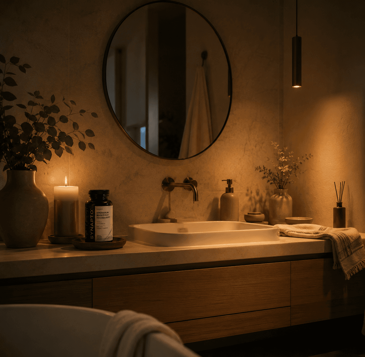 Badezimmer am Abend mit SYNAPTO Magnesium Bisglycinat
