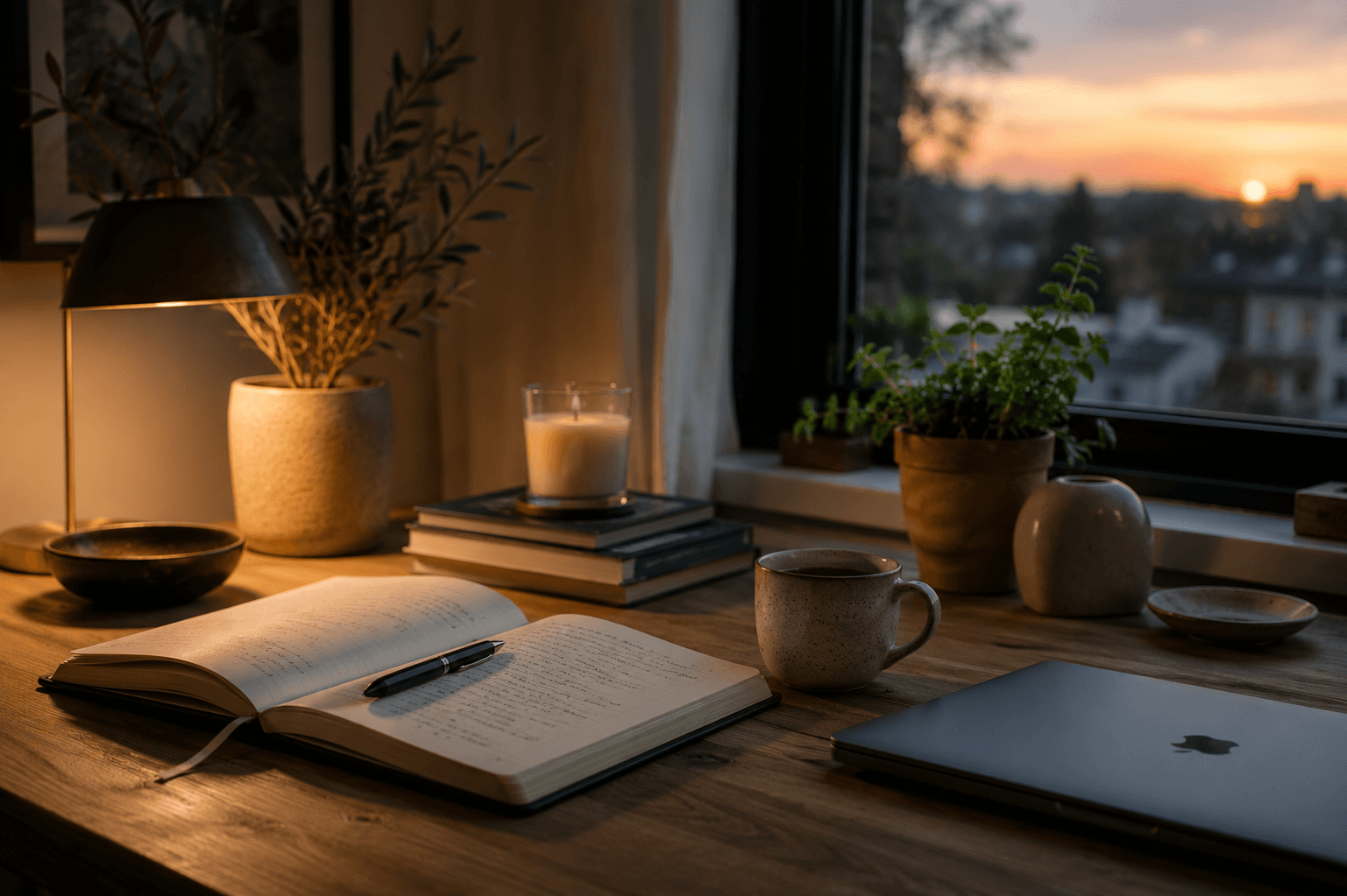 Schreibtisch bei Sonnenuntergang mit Notizbuch und Blick über die Stadt