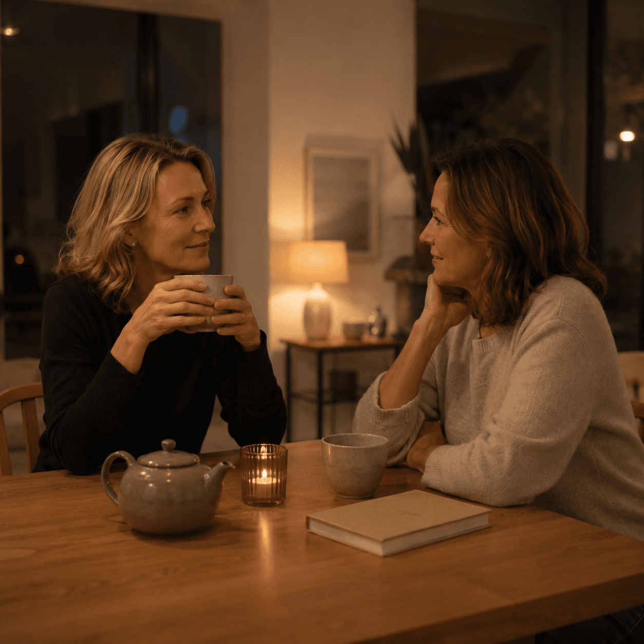 Zwei Frauen im Gespräch am Abend