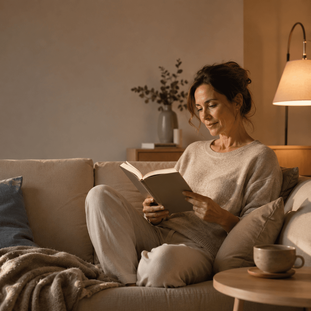 Frau entspannt mit einem Buch auf dem Sofa
