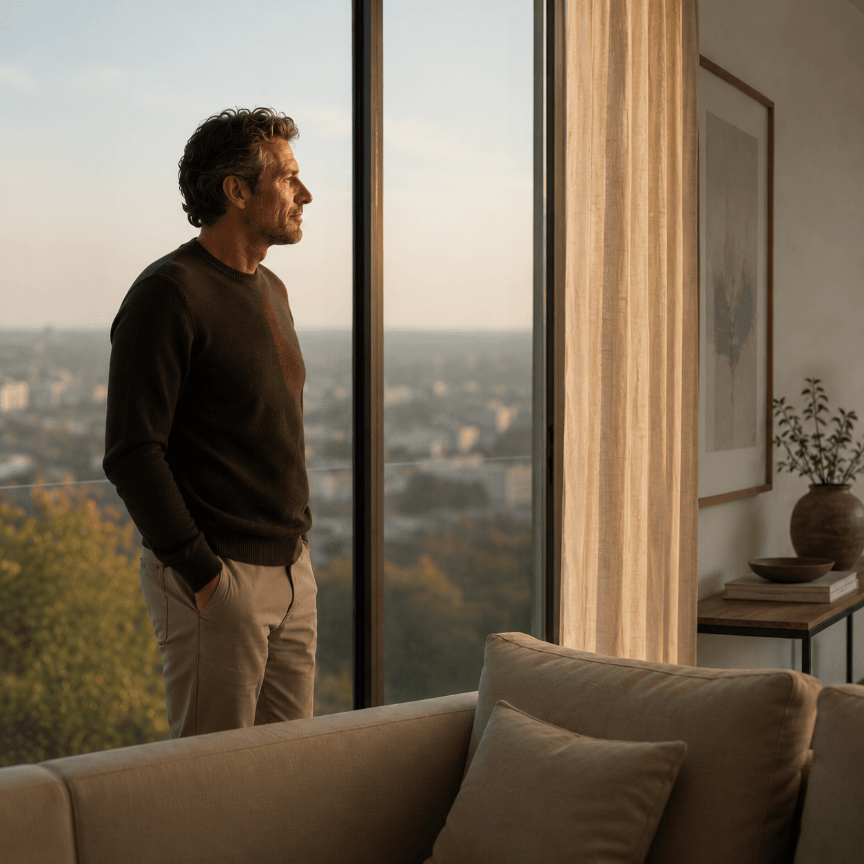 Mann blickt entspannt aus dem Fenster