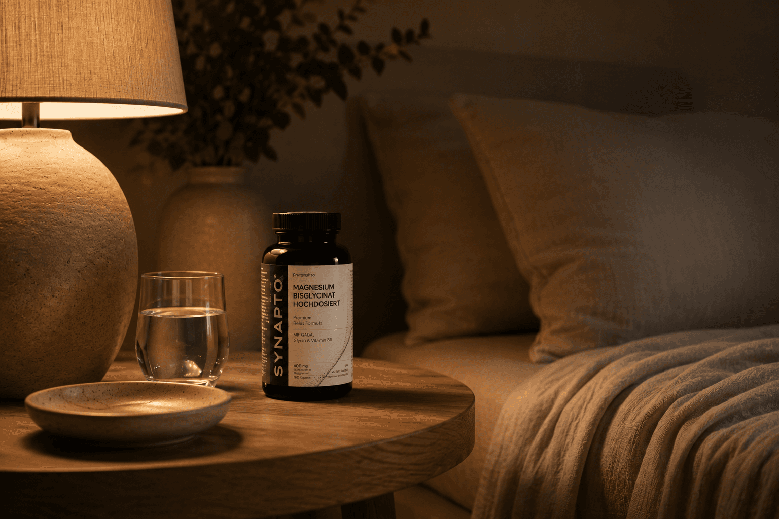 SYNAPTO Magnesium Bisglycinat auf dem Nachttisch in gemütlicher Atmosphäre
