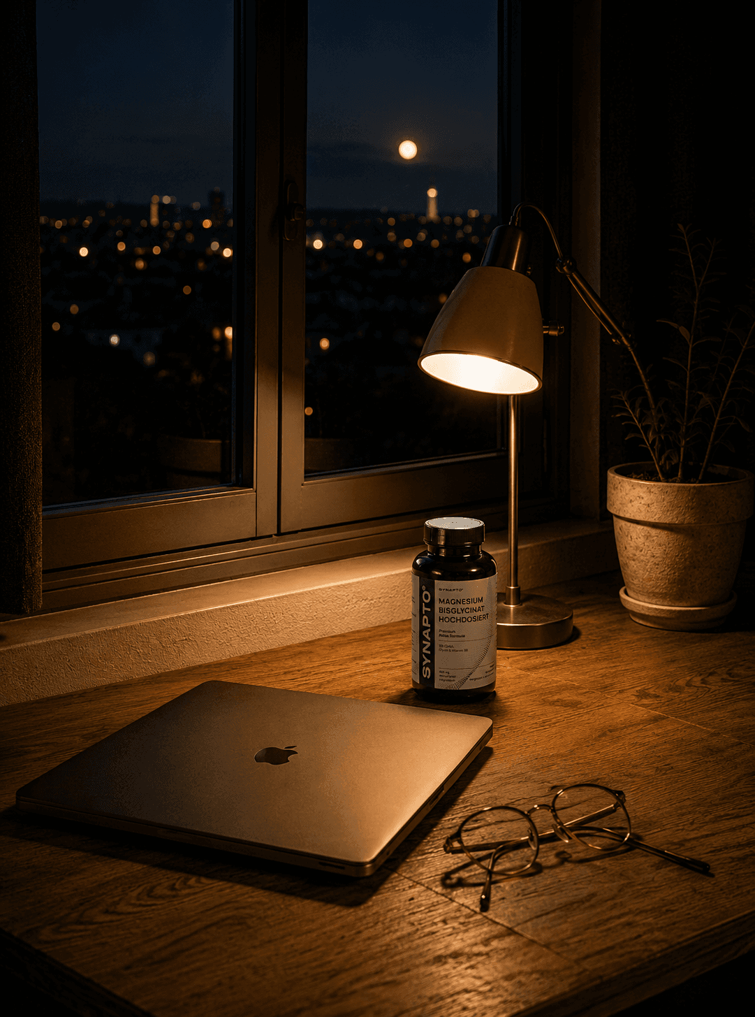 Schreibtisch bei Nacht mit Blick über die Stadt und SYNAPTO Magnesium Bisglycinat